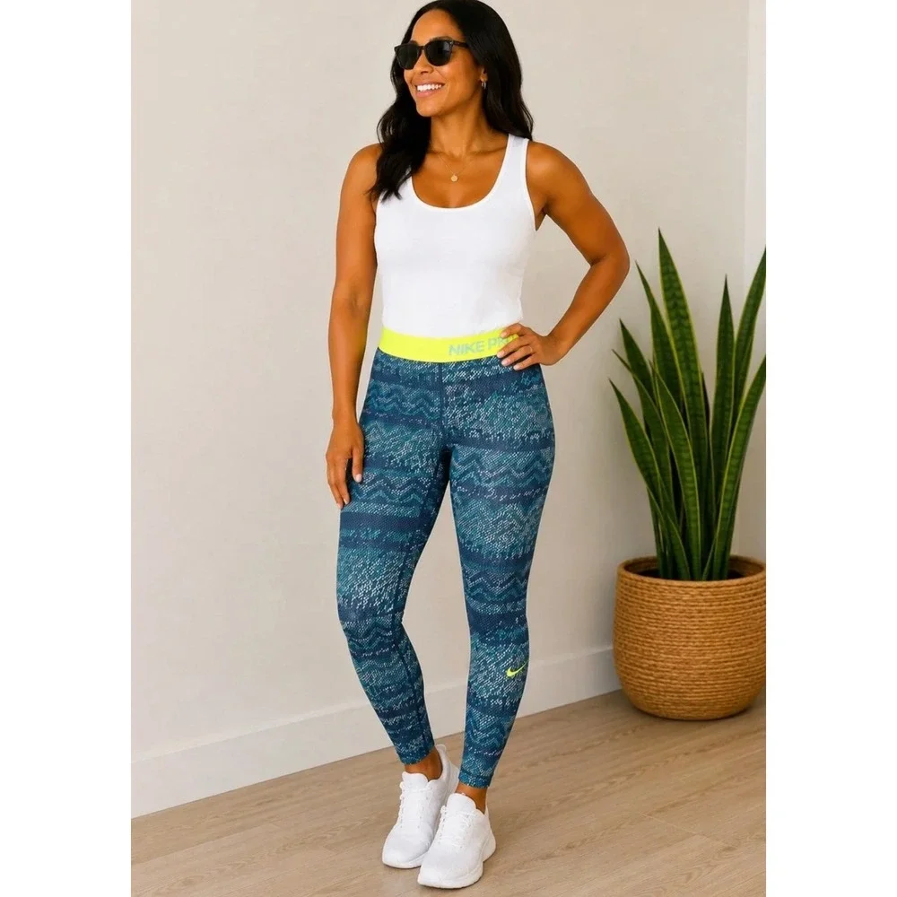 Nike Pro Hyperwarm Training Leggings M Medium Blue Teal Neon Yellow Printed